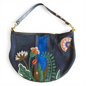 Tory Burch Floral Appliqué Hobo Bag – Navy Canvas & Suede | Ladybug Strap